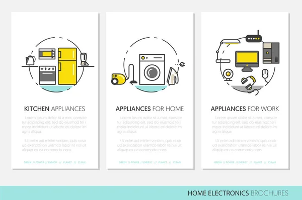 Σπίτι ηλεκτρονικών συσκευών φυλλάδια πρότυπο επιχειρήσεων σε λεπτή γραμμή στιλ με τηλεόραση, ψυγείο και καφετιέρα. Εικονογράφηση διάνυσμα — Διανυσματικό Αρχείο