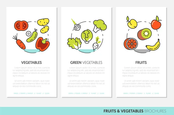 Plantilla de folletos de negocios de vectores de línea delgada de frutas y verduras con plátano, tomate y fresa — Archivo Imágenes Vectoriales