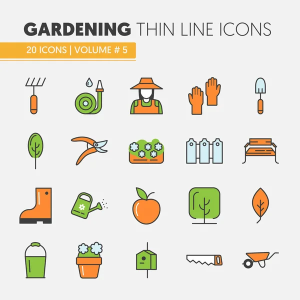 Conjunto de iconos vectoriales de línea delgada de jardinería con flores y jardinero — Archivo Imágenes Vectoriales