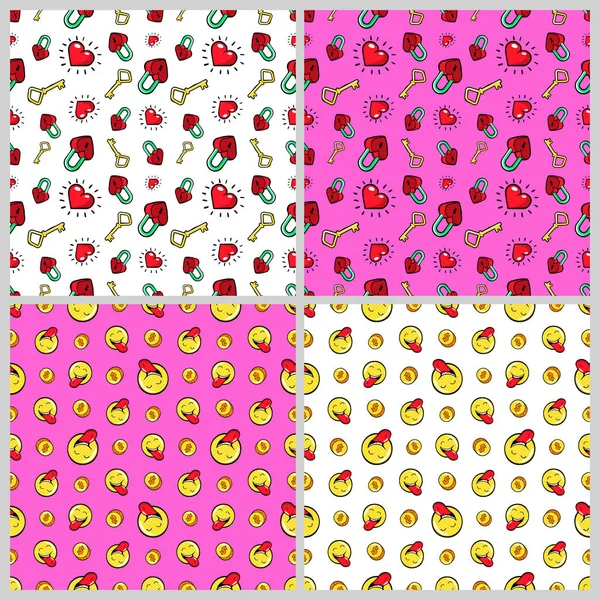 Cuori, Soldi, Emoticon e Chiavi d'oro senza soluzione di continuità Pattern Set. Sfondi moda in stile comico retrò. Illustrazione vettoriale — Vettoriale Stock