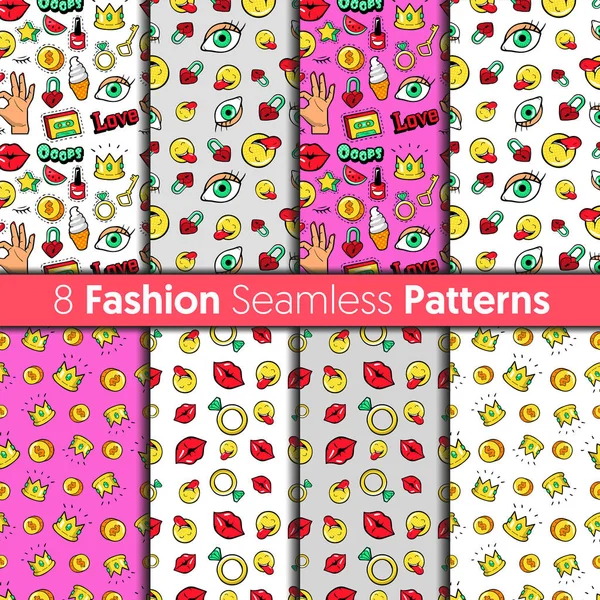 Fashion Seamless Patterns Set. Hearts, Hands, Lips, Cosmetics and Diamonds Vector Fashion Backgrounds in Retro Comic Style — Stock Vector