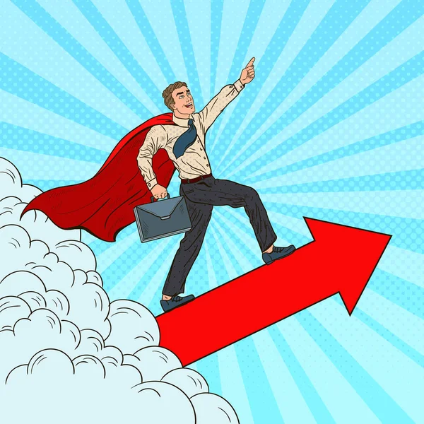 Pop Art Hero Super biznesmen latanie przez chmury. Business Leadership motywacja. Ilustracja wektorowa — Wektor stockowy