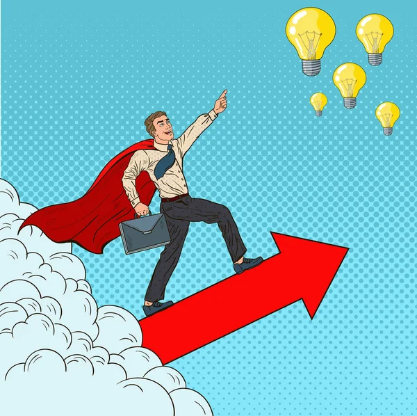 Pop Art Hero Super Empresário Voando através das Nuvens para as Ideias. Liderança em Motivação de Negócios. Ilustração vetorial — Vetor de Stock