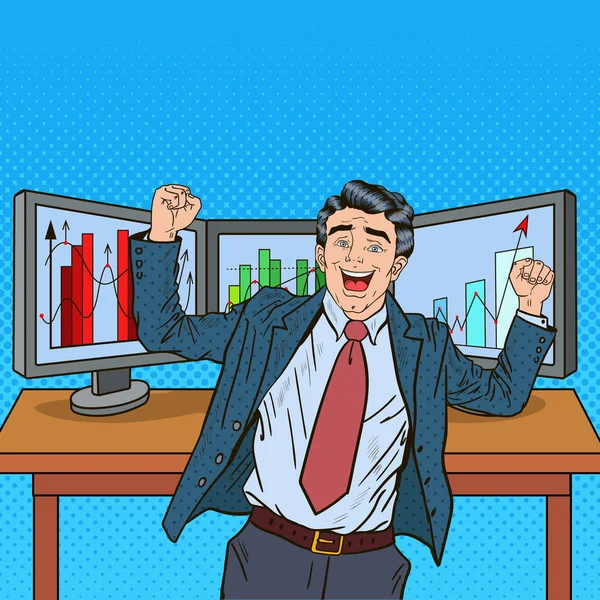 Pop Art Homme d'affaires prospère avec des ordinateurs et des graphiques de parts de marché croissantes. Illustration vectorielle — Image vectorielle