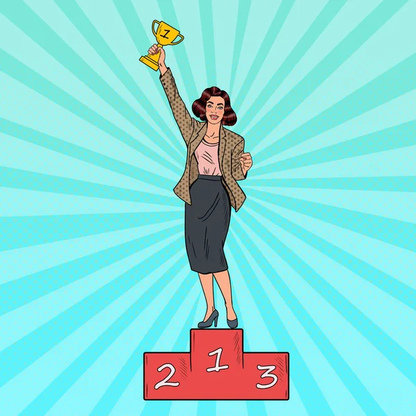 Pop Art Business Woman Standing on Podium First Place with Golden Cup. Vector illustration — Stock Vector