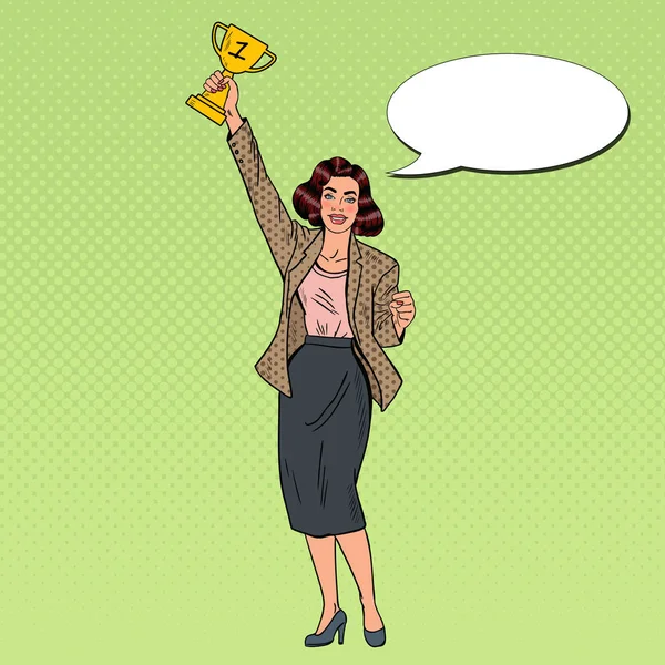 Pop Art Business Femme Gagnant avec Golden Cup. Illustration vectorielle — Image vectorielle