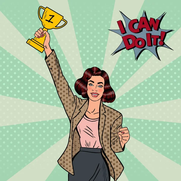 Pop Art Business Woman Vencedor com Taça de Ouro. Ilustração vetorial —  Vetores de Stock