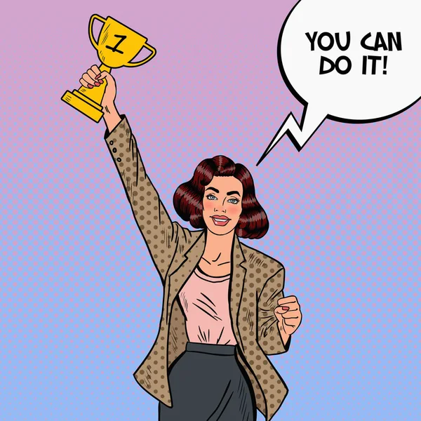 Popart Business Woman winnaar met gouden beker. Vectorillustratie — Stockvector