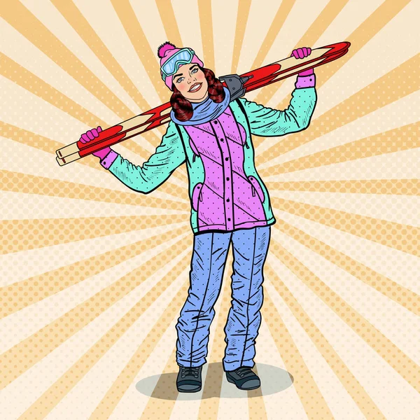 Pop Art glückliche Frau mit Ski im Winterurlaub. Vektorillustration — Stockvektor