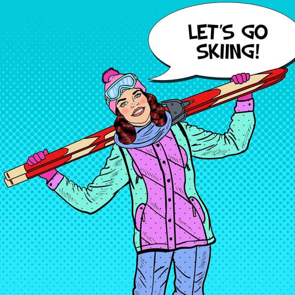 Pop Art glad kvinna med skidor på vintersemester. Vektorillustration — Stock vektor