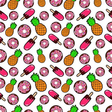 Çörek, dondurma ve ananas ile tatlılar gıda Seamless modeli. Vektör arka plan