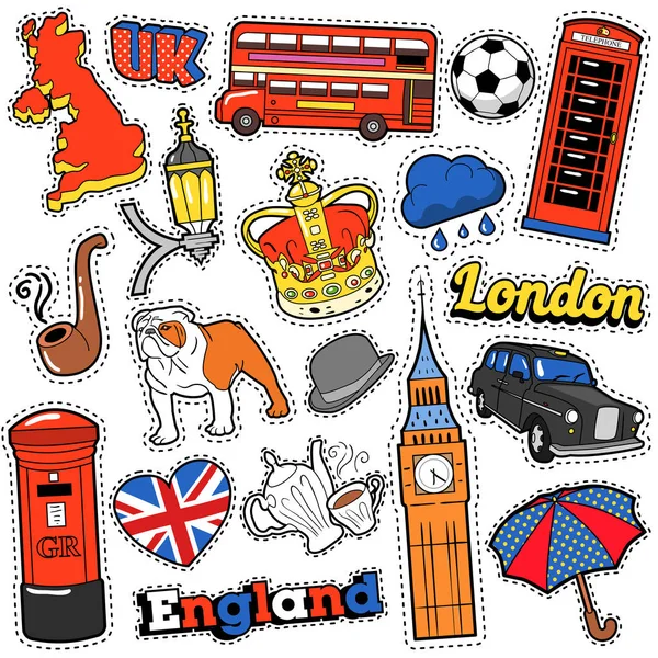 England Travel Scrapbook Pegatinas, parches, insignias para grabados con London Taxi, Royal Crown y elementos británicos. Estilo cómico Vector Doodle — Archivo Imágenes Vectoriales