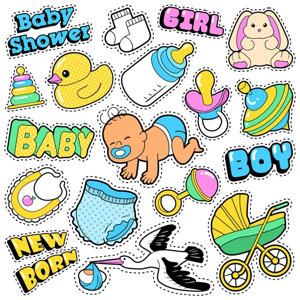 Etiquetas de bebê recém-nascido, remendos, crachás Scrapbook Baby Shower Decoration Set com cegonha e brinquedos. Vector Doodle Comic Style — Vetor de Stock