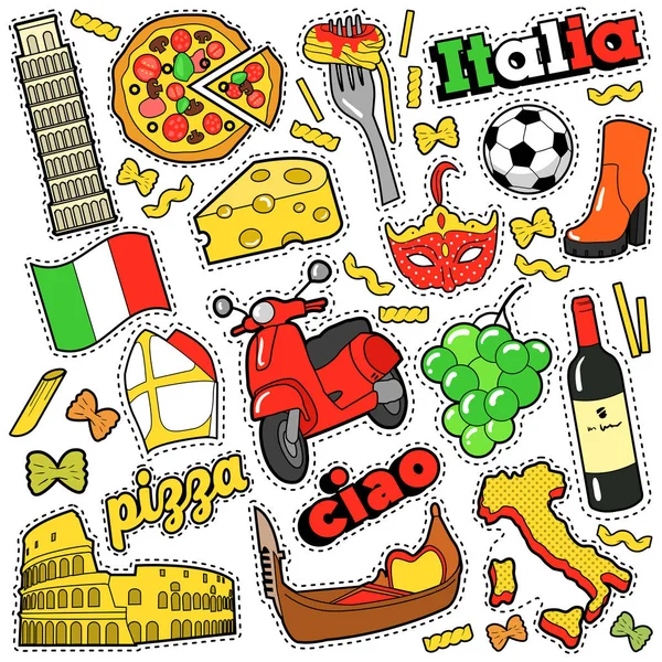 Italië reizen Scrapbook Stickers, Patches, Badges voor afdrukken met Pizza, Venetiaanse masker, architectuur en Italiaanse elementen. Komische stijl Vector Doodle — Stockvector