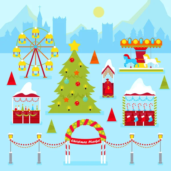 Feria del Mercado de Navidad con Vacaciones de Invierno Quioscos Tradicionales, Árbol de Navidad y Carrusel. Ilustración vectorial — Vector de stock