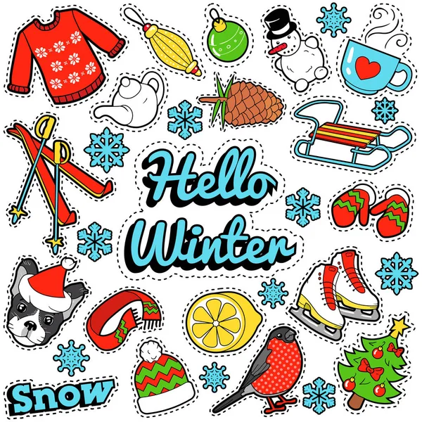 Hallo Winter Stickers, Badges, Patches decoratie Set met sneeuw, warme kleding en kerstboom. Vector Doodle — Stockvector