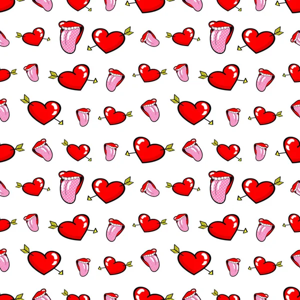 Lippen und Herzen nahtlose Muster. Liebeshintergrund im Retro-Stil. Vektorillustration — Stockvektor
