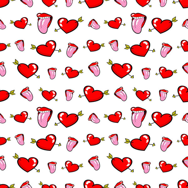 Lips and Hearts Seamless Pattern. Love Background in Retro Fashion Style. Vector illustration