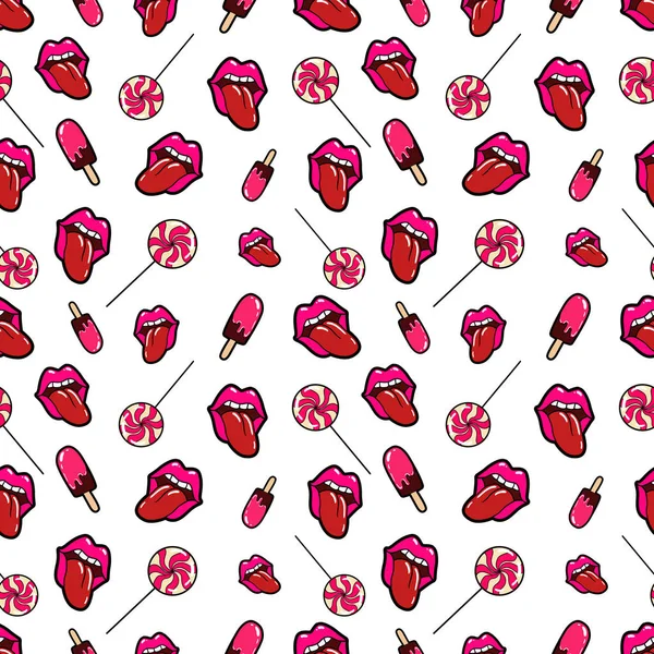 Lips, Candies and Ice Cream Seamless Pattern (dalam bahasa Inggris). Latar Belakang Vektor dalam Gaya Mode Retro - Stok Vektor