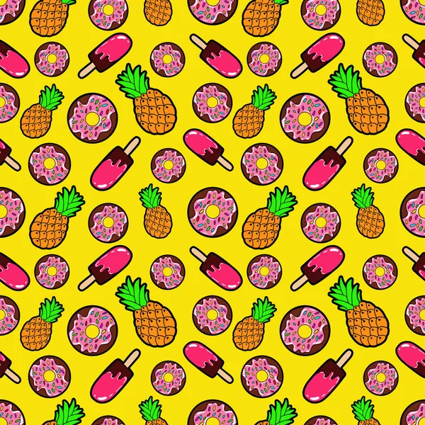 Snoep eten naadloze patroon met Donuts, ijs en ananas. Vector achtergrond — Stockvector