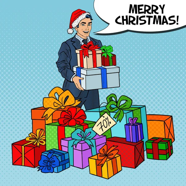 Pop Art Man à Santa Hat avec des cadeaux en vente de Noël. Illustration vectorielle — Image vectorielle