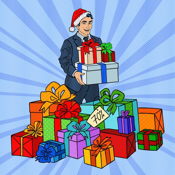 Pop Art Man en Santa Sombrero con regalos en venta de Navidad. Ilustración vectorial — Vector de stock