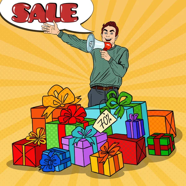 Pop Art Man avec mégaphone Promouvoir la grande vente debout dans des boîtes-cadeaux. Illustration vectorielle — Image vectorielle