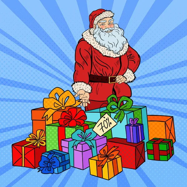 Pop Art Père Noël avec cadeaux de Noël en vente de Noël. Illustration vectorielle — Image vectorielle