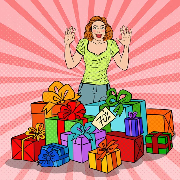 Pop Art femme surprise avec d'énormes boîtes-cadeaux. Illustration vectorielle — Image vectorielle