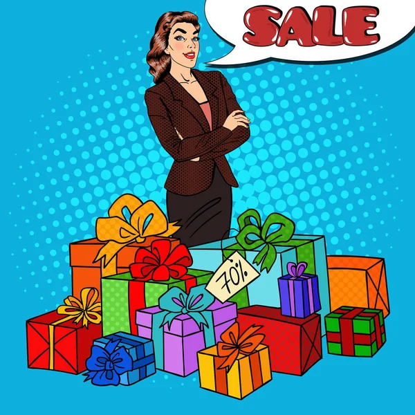 Pop Art Happy Woman con enormes cajas de regalo y venta de burbujas de habla cómica. Ilustración vectorial — Vector de stock