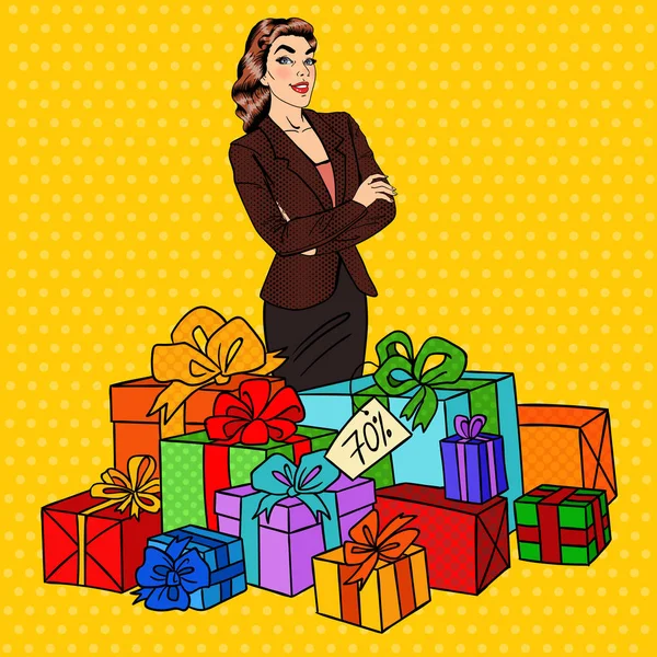 Pop Art Mujer feliz con enormes cajas de regalo. Ilustración vectorial — Archivo Imágenes Vectoriales