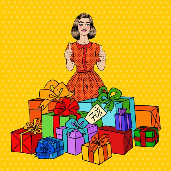 Pop Art Belle femme avec d'énormes boîtes-cadeaux et pouces levés. Illustration vectorielle — Image vectorielle