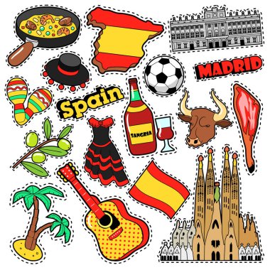 İspanya seyahat Scrapbook çıkartmalar, yamalar, Jamon, Sangria ve İspanyol öğeleri baskılar için rozetleri. Çizgi roman tarzı vektör Doodle