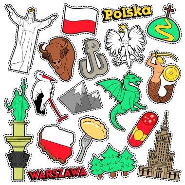 Polonya seyahat Scrapbook etiketleri, yamalar, Syrenka, parmak izleri için rozetleri kartal ve öğeleri Lehçe. Çizgi roman tarzı vektör Doodle