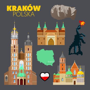 Krakow Polonya seyahat Doodle Krakow mimarisi, Dragon ve bayrak. Vektör çizim