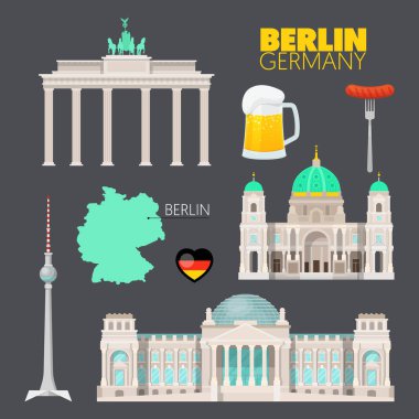 Berlin Almanya seyahat Doodle Berlin mimarisi, bira ve bayrak. Vektör çizim