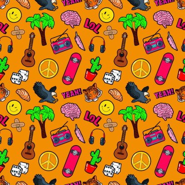 Beyin, Lol, kaktüs, gitar ve Palm ile moda kesintisiz çizgi stili arka plan. Vektör Retro desen