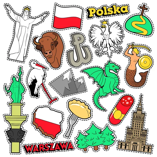 Poland Travel Scrapbook Pegatinas, parches, insignias para grabados con sirena, águila y elementos polacos. Estilo cómico Vector Doodle — Archivo Imágenes Vectoriales