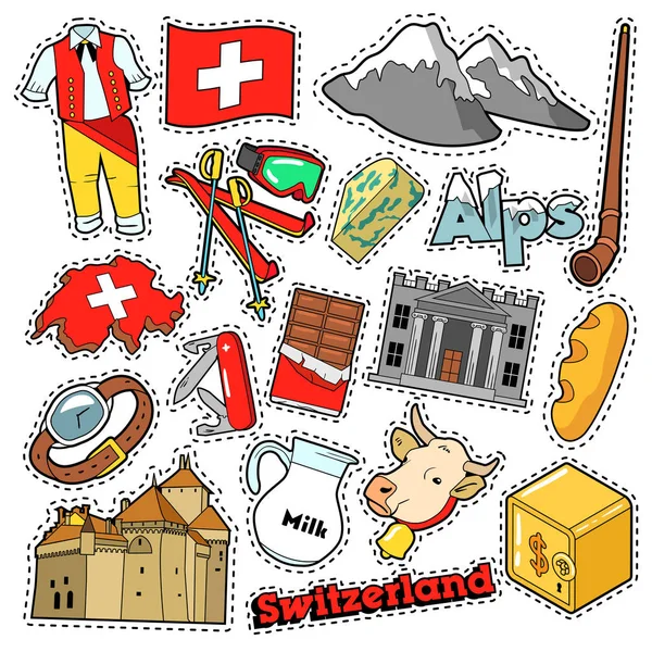 Schweiz resor Scrapbook klistermärken, patchar, emblem för utskrifter med Alperna, pengar och schweiziska element. Komiska stil vektor Doodle — Stock vektor