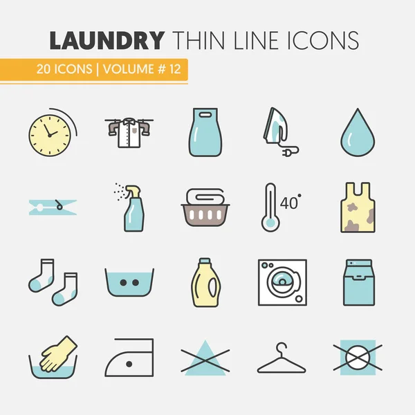 Wäscheservice Thin Line Vektor Icons Set mit Waschsalon-Elementen — Stockvektor