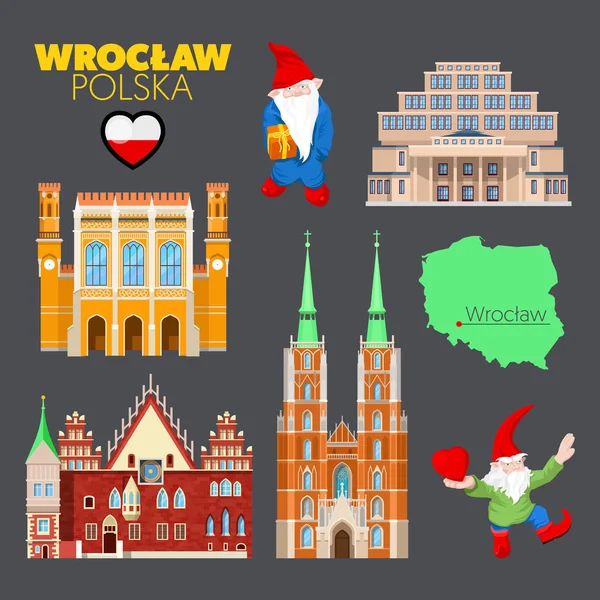 Wroclaw Poland Travel Doodle with Wroclaw Architecture, Dwarfs and Flag (en inglés). Ilustración vectorial — Vector de stock