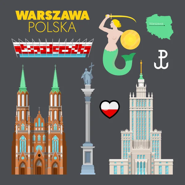 Varsovia Polonia Viaja Doodle con Varsovia Arquitectura, Símbolo de sirena y Bandera. Ilustración vectorial — Vector de stock