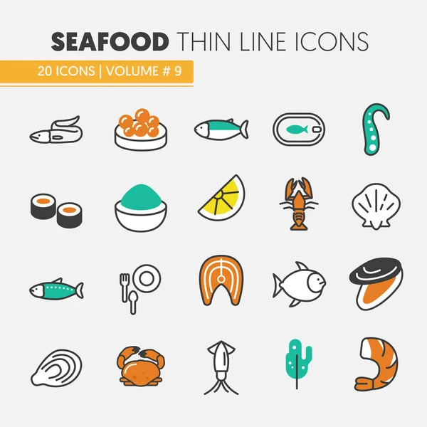 Icônes vectorielles de ligne mince de fruits de mer avec poisson, crevettes et crabe — Image vectorielle