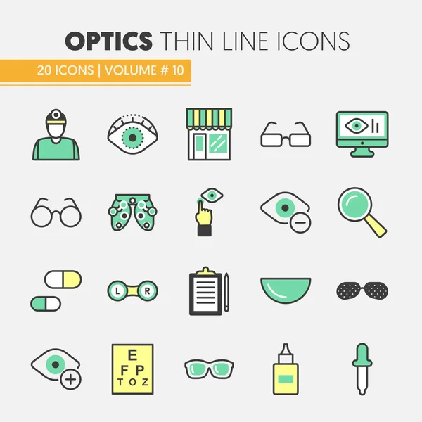 Set de iconos de vectores ópticos de línea delgada con tecnología de optometría y gafas graduadas — Vector de stock