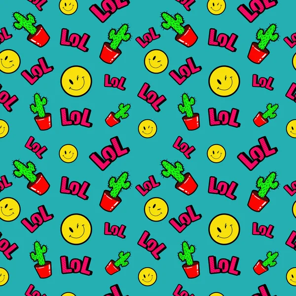 Fashion Seamless Comic Style Background with Cactus, Smile and Lol. Векторный ретро-патрон — стоковый вектор