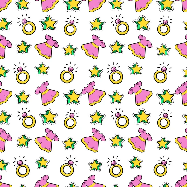 Kis lány hercegnő varratmentes háttérben rózsaszín ruha, a gyűrűk és csillagok. Vektoros mintát — Stock Vector