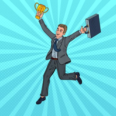 Pop Art altın kazanan Kupası ile çalışan iş adamı. Vektör çizim