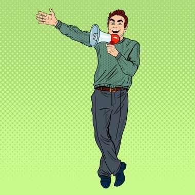 Megafon teşvik ile Pop Art adam. Vektör çizim