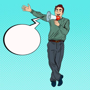 Megafon teşvik ile Pop Art adam. Vektör çizim