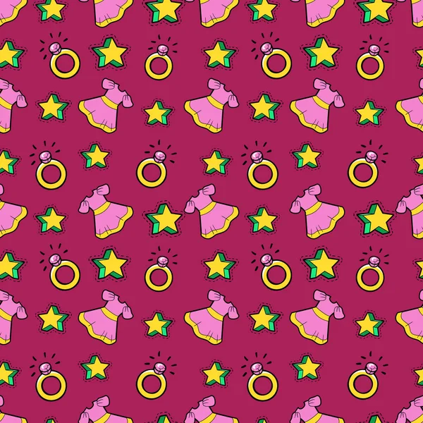 Little Girl Princess Fondo sin costuras con vestido rosa, estrellas y anillos. Patrón vectorial — Vector de stock